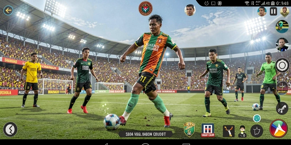 Tampilan gameplay yang intens dalam pertandingan sepak bola.