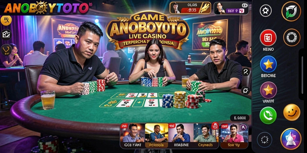 Tampilan screenshot ANOBOYTOTO dengan dealer dan pemain dalam permainan Live Casino.