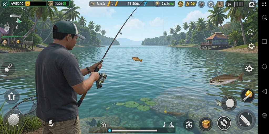 Tampilan gameplay seru tempat memancing di berbagai lokasi indah.