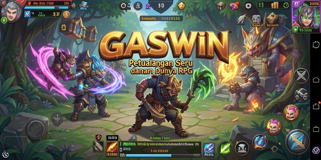 Screenshot gameplay GASWIN menampilkan pertarungan seru dan karakter ikonik.