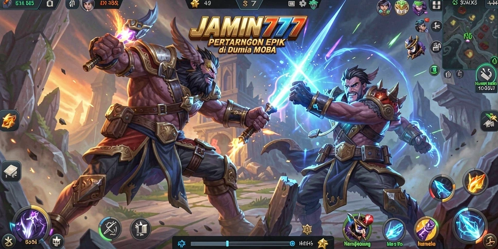 Screenshot menampilkan pertempuran epik dalam game MOBA JAMIN777.