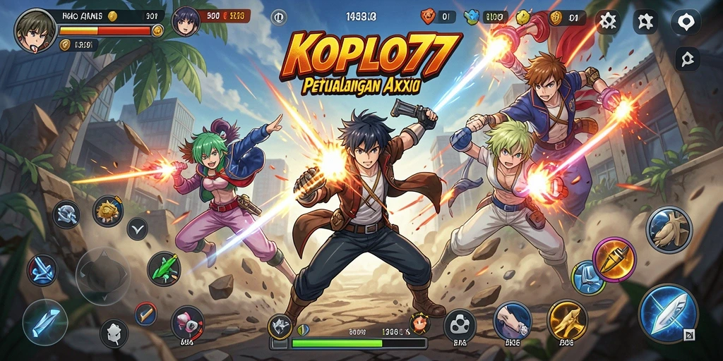 Screenshot utama KOPLO77 menampilkan karakter Anime saat bertarung.