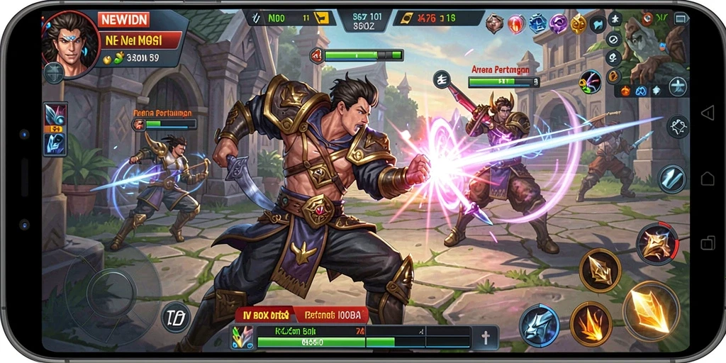 Gameplay seru dalam arena MOBA NEWIDN yang menampilkan perang tim.
