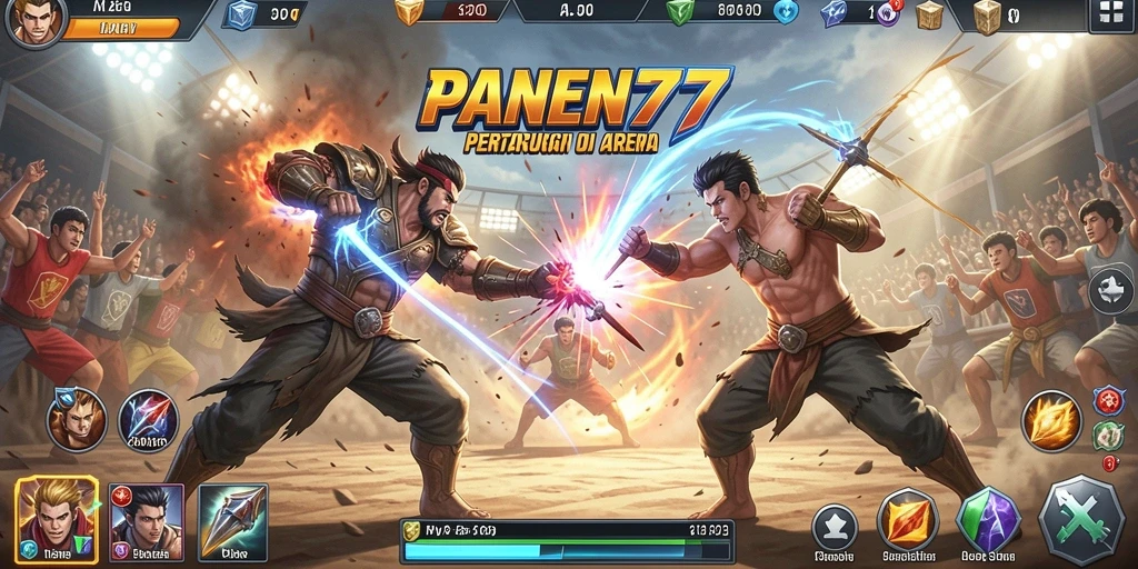 Tangkapan layar gameplay PANEN77 menunjukkan pertarungan epik dan karakter menawan.