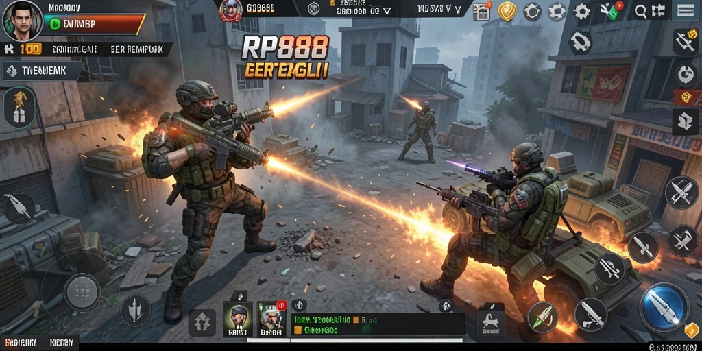 Tampilan screenshot utama RP888 menampilkan aksi strategi perang yang intens.