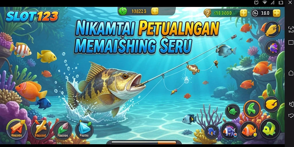 Screenshot gameplay SLOT123 dengan tampilan menawan saat memancing.