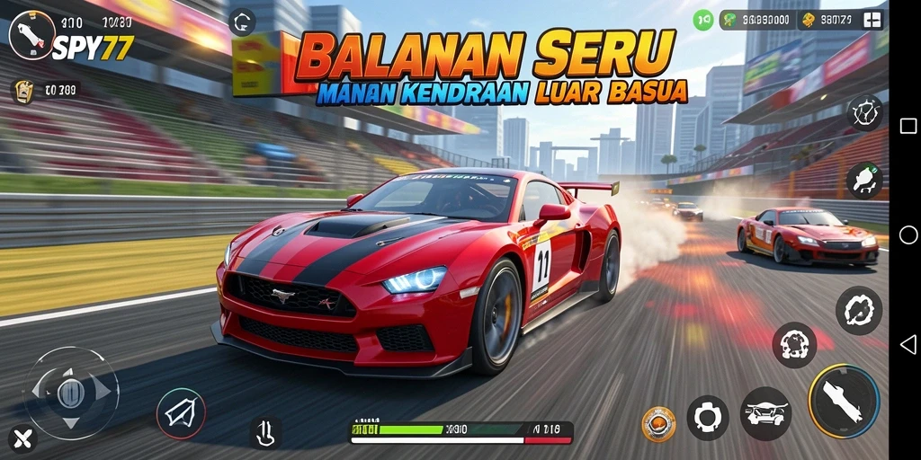 Tampilan nyata gameplay SPY77 saat balapan dengan kendaraan cepat.