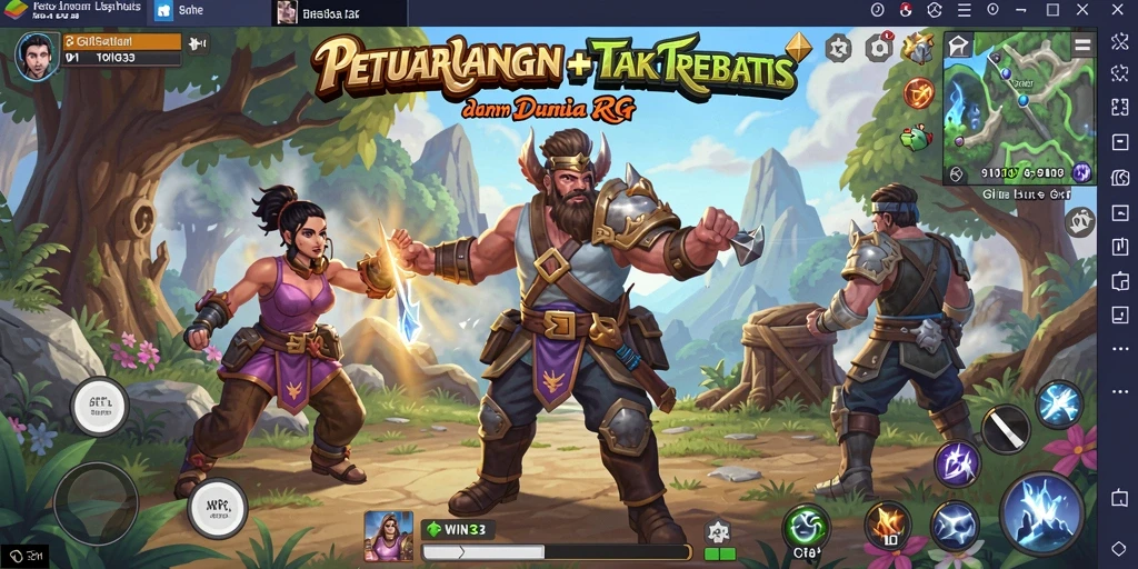 Screenshot utama WIN33 menampilkan pertarungan epik antara karakter dan monster.